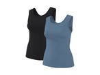 Two ribbed tank tops, one black and one blue, displayed on a white background.