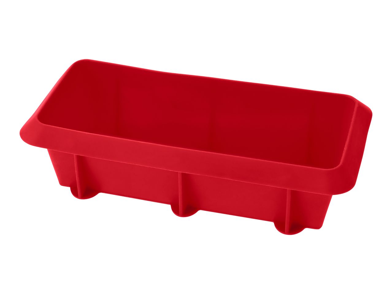 Red rectangular silicone baking mold for loaf cakes or bread.