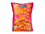 Roze zak met pittige ringmix snacks en Nutri-Score C.
