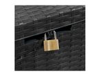 Close-up of a dark grey rattan storage box with a golden padlock securing the lid.