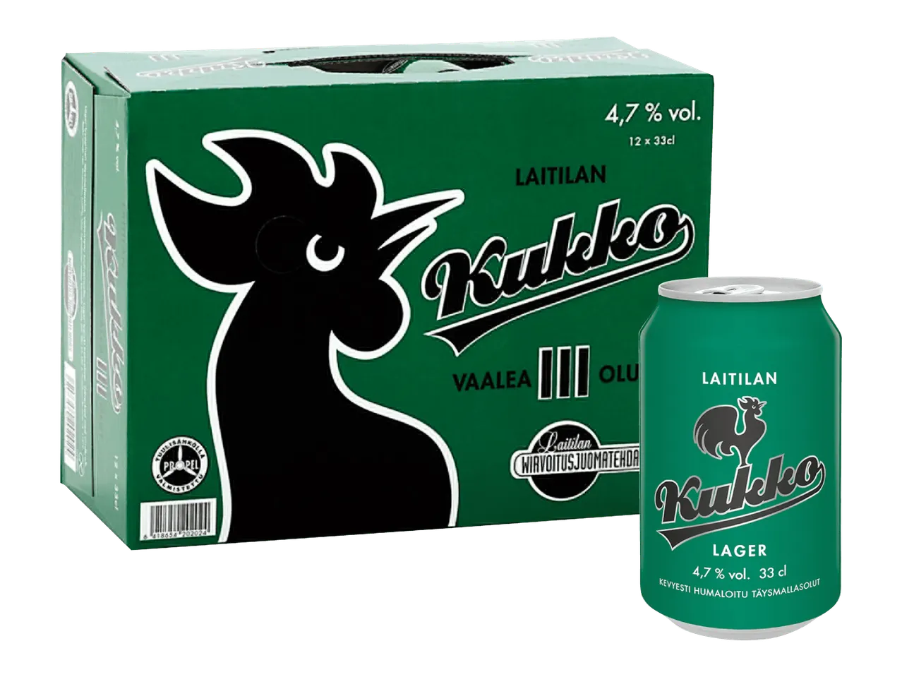 Vihreä olutlaatikko ja -tölkki, joissa on kukon kuva ja tekstiä.