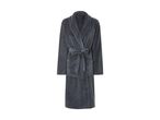 A charcoal gray plush bathrobe with a self-tie belt.