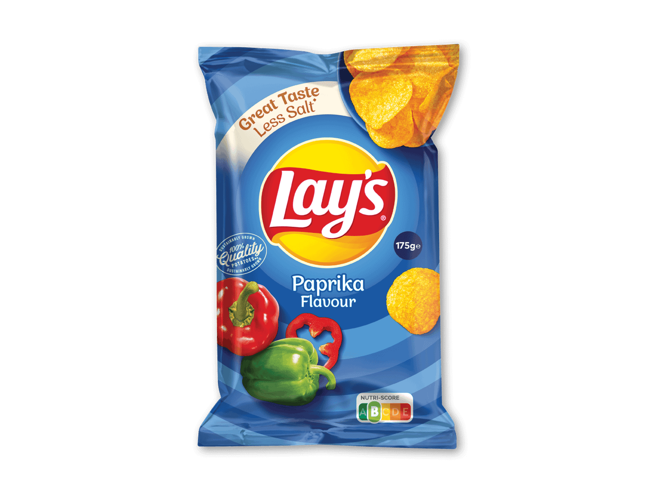 En pose paprika-chips med teksten 'Great Taste Less Salt' og '175ge'.
