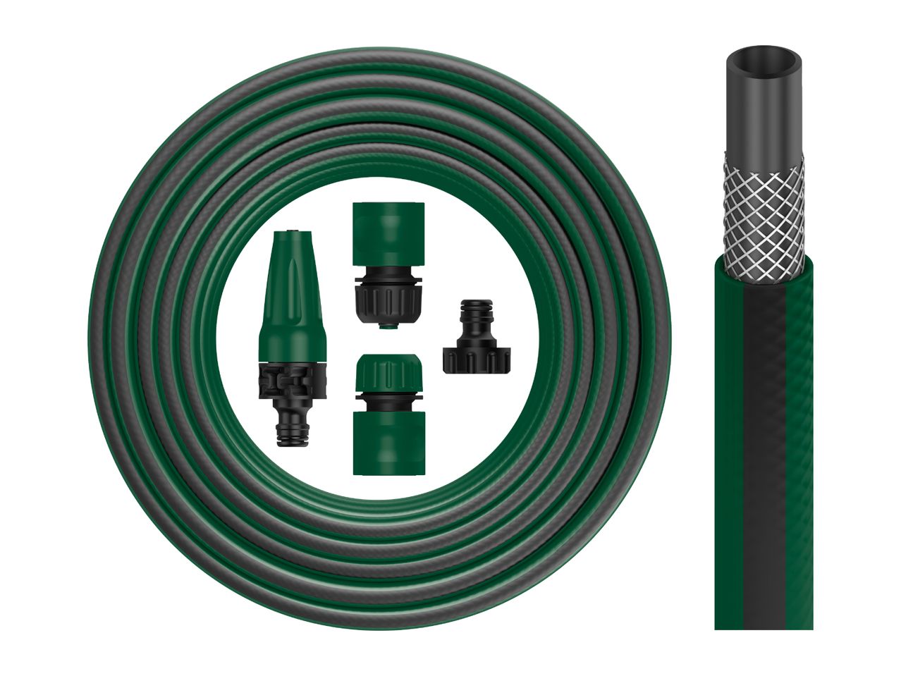 Garden hose with fittings, coiled and a cross-section showing internal braiding.