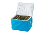 A blue insulated cooler bag filled with bottles.