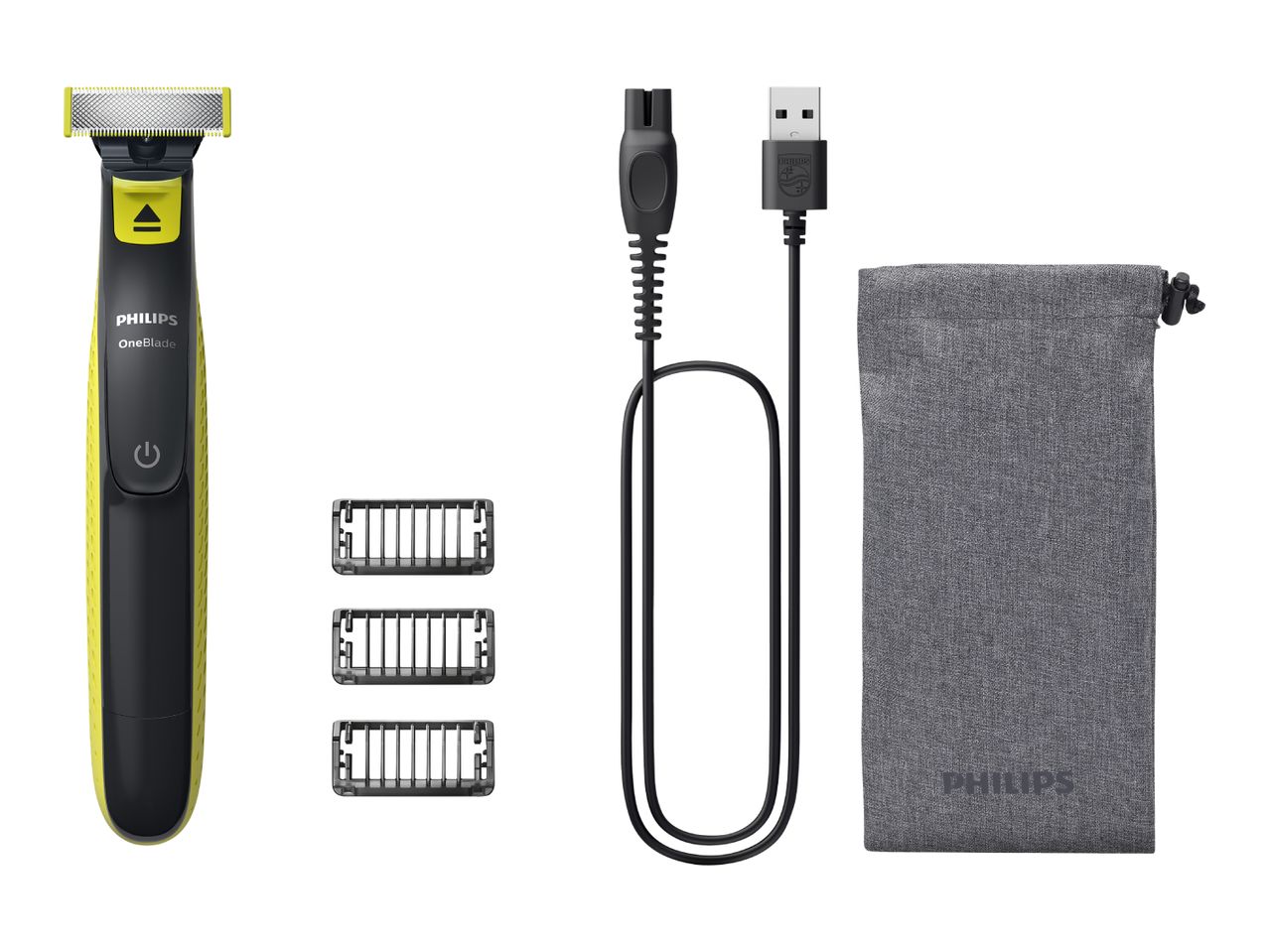 Philips OneBlade shaver with three comb attachments, charging cable, and grey pouch.