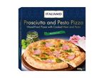 Italiamo Prosciutto and Pesto Pizza box with a pizza on a wooden board.