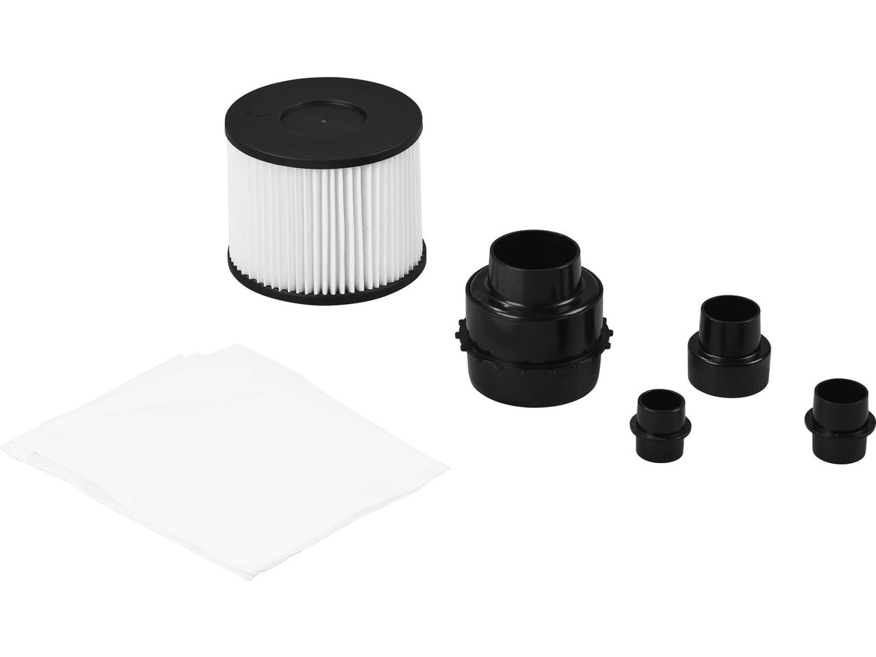 A white pleated filter, black vacuum hose adapters, and white filter bags on a white background.