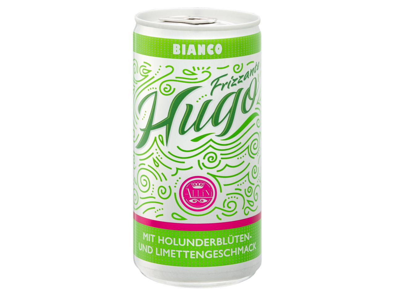 Băutură carbogazoasă Allini Hugo în cutie, aromă de soc și lămâie.