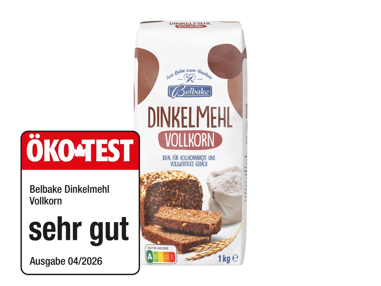 Eine Packung Dinkelmehl Vollkorn mit dem ÖKO-TEST Urteil 'sehr gut' und Nutri-Score A.