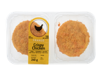 Hambúrgueres de Frango Crispy numa embalagem de plástico transparente, com rótulo amarelo e instruções de cozedura.