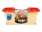 Een kuipje tonijnsalade met een MSC-keurmerk.