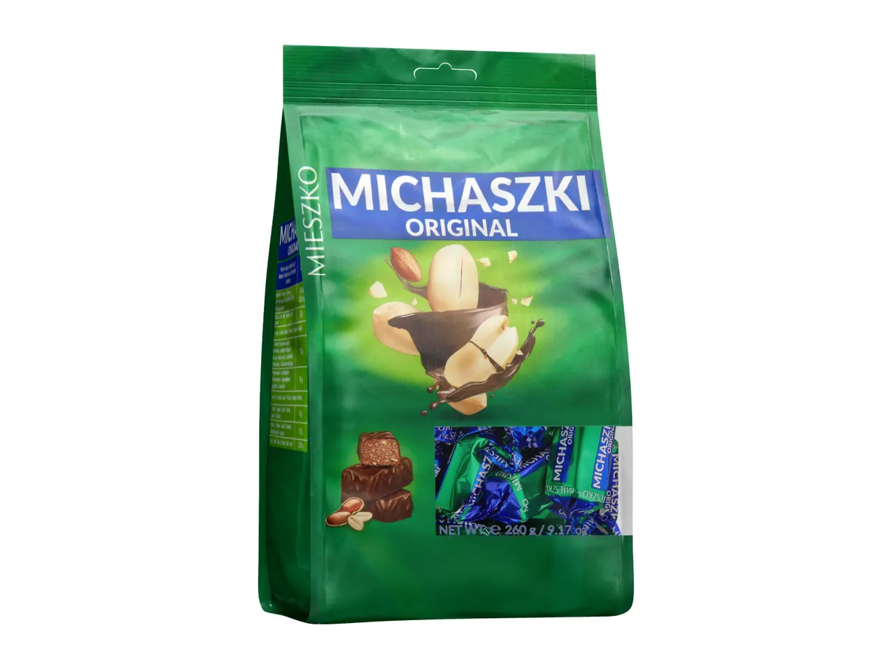 Green pouch of chocolate-covered peanut candies, with individual wrapped candies visible.