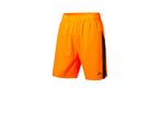 Bright orange sports shorts with black side stripes.