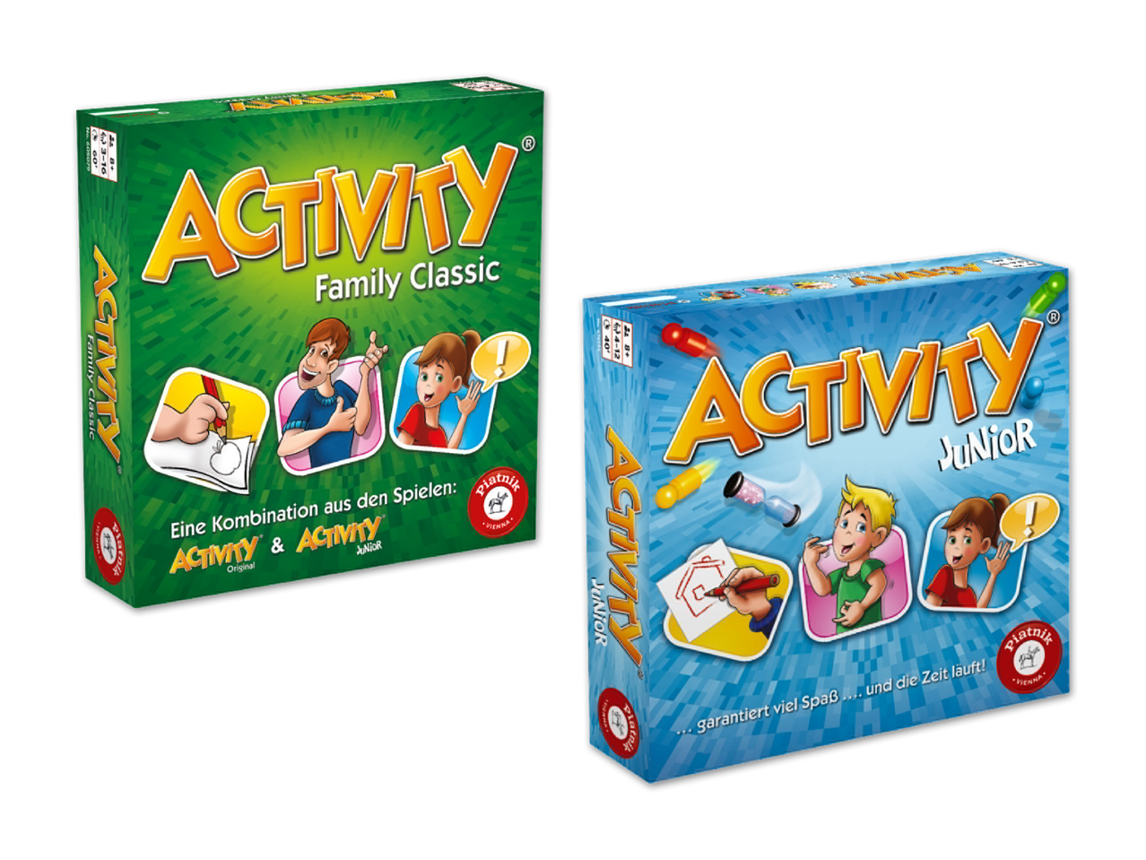 Zwei Activity-Brettspiele: Activity Family Classic und Activity Junior.