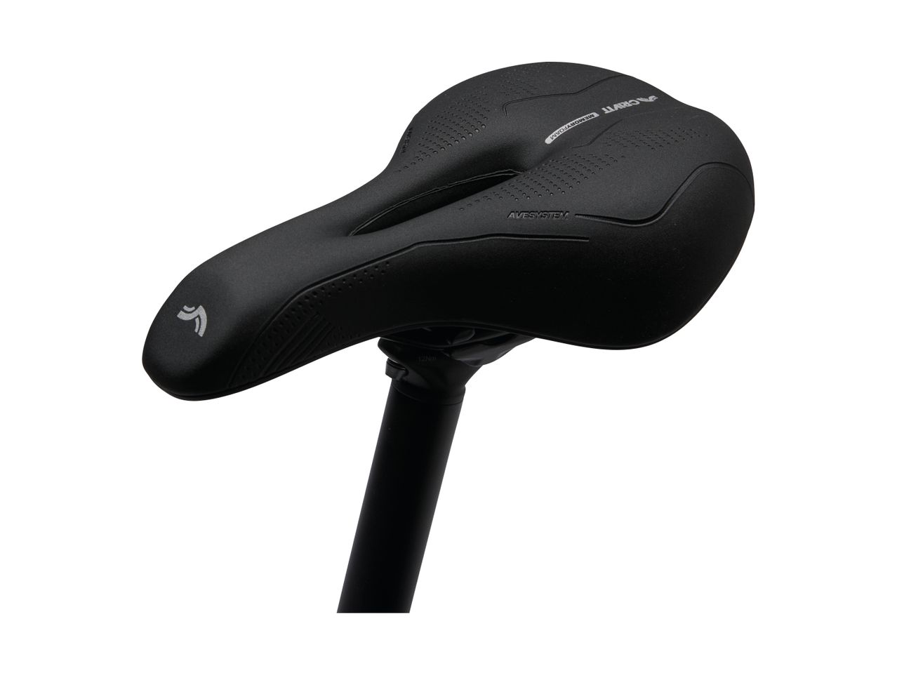 Black bicycle saddle with memory foam and AVESYSTEM technology, mounted on a seat post.
