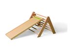 Wooden climbing frame with a slide, designed for children's indoor play.