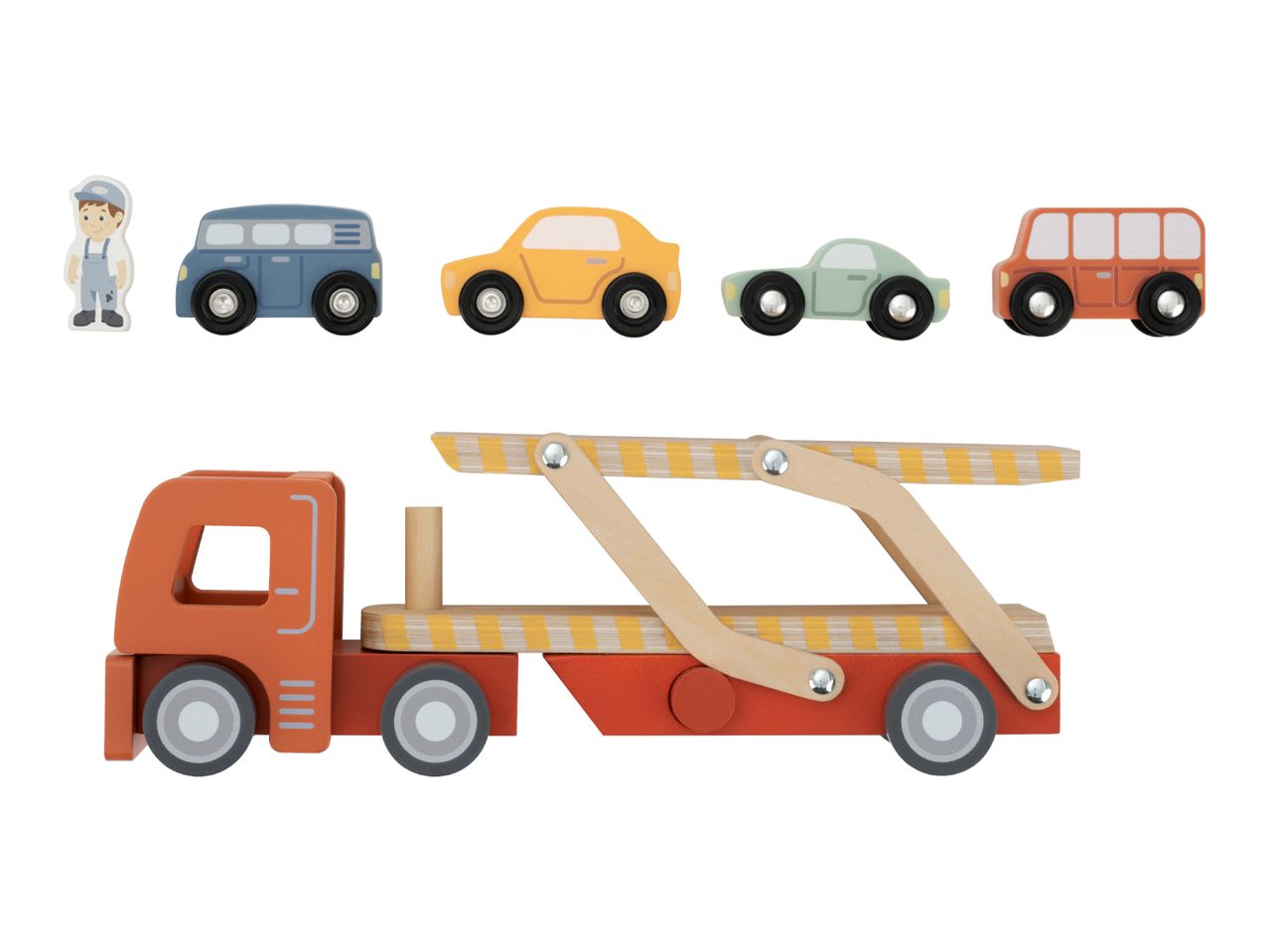 Wooden toy car transporter with a driver figure and four small wooden cars.