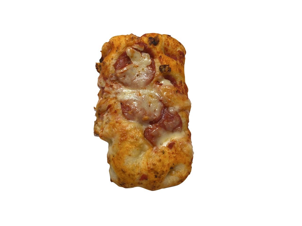 A rectangular pizza slice with spicy salami on a white background.