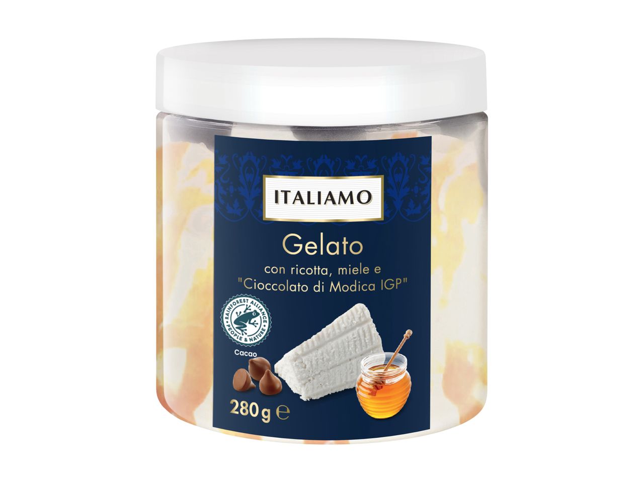 Vasetto di gelato Italiamo con ricotta, miele e cioccolato di Modica IGP.