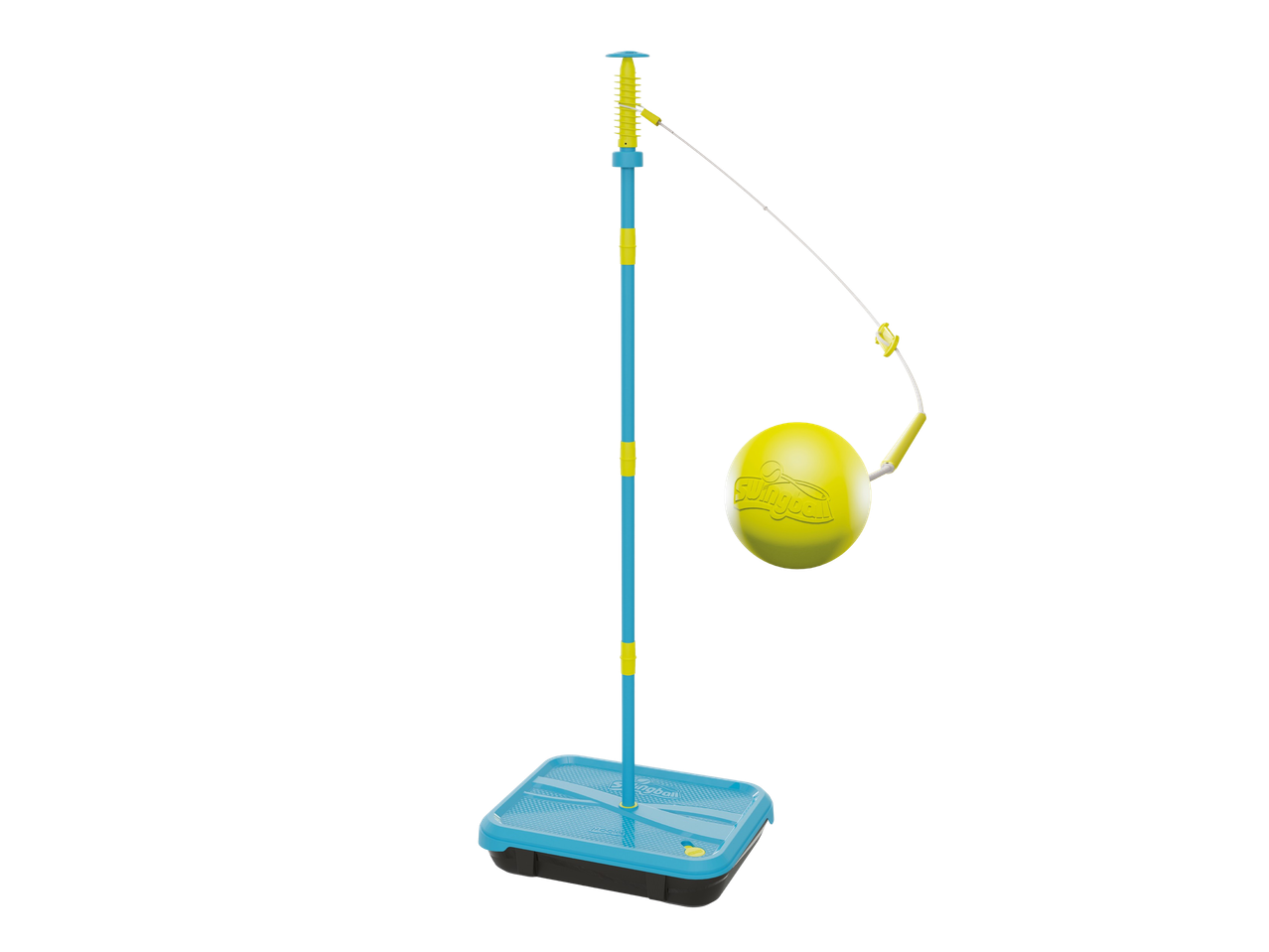 Swingball Lite set with a blue pole, yellow spiral, and yellow ball on a blue base.