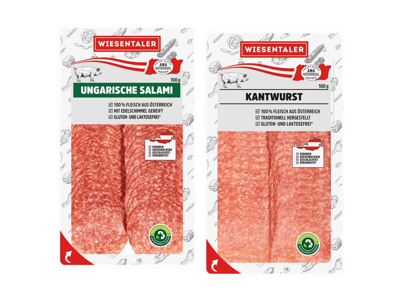 Zwei Wiesentäler Wurst-Packungen: Ungarische Salami und Kantwurst, beides 100g, aus österreichischem Fleisch.