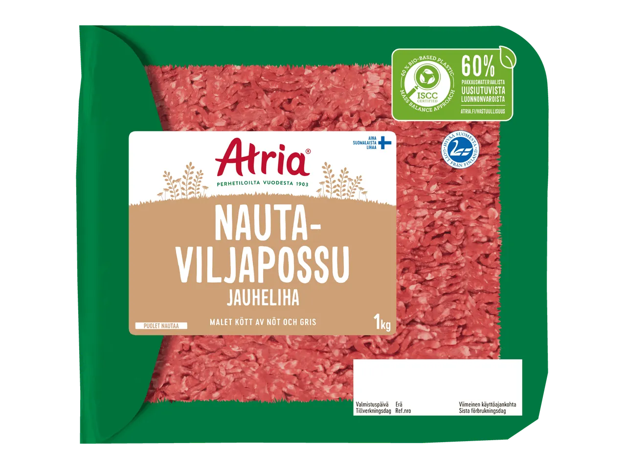 Atria Nauta-Viljapossu jauhelihapakkaus, 1 kg, 60 % biopohjaista muovia.