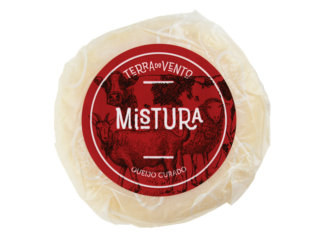 Milbona Queijo Curado de Mistura, um queijo redondo com rótulo vermelho com vaca, cabra e ovelha.