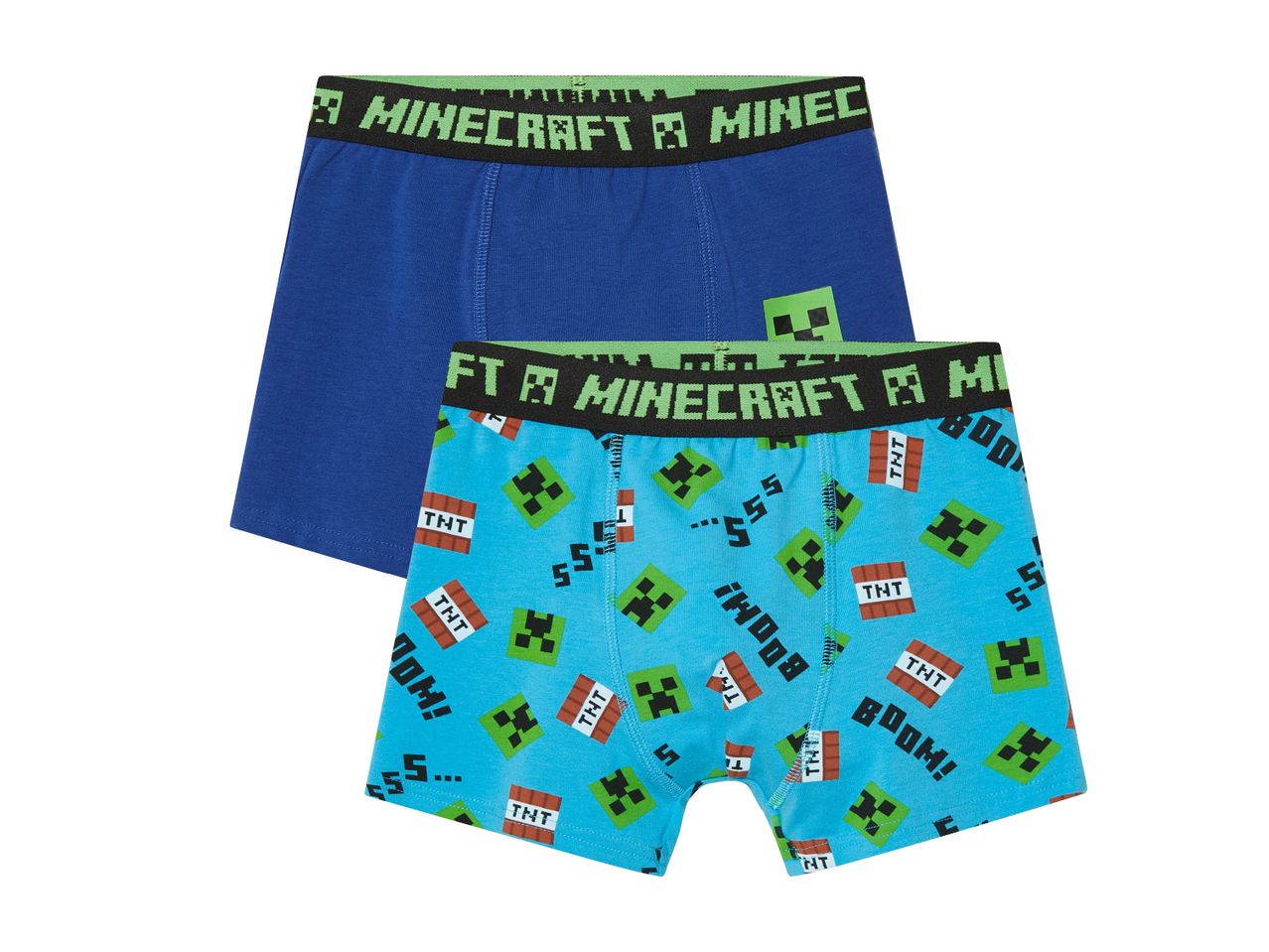 Two pairs of Minecraft boys' boxer shorts; one blue, one light blue with Minecraft designs.
