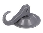 A gray plastic suction cup hook.