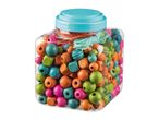 Clear jar filled with colorful wooden beads and crafting strings