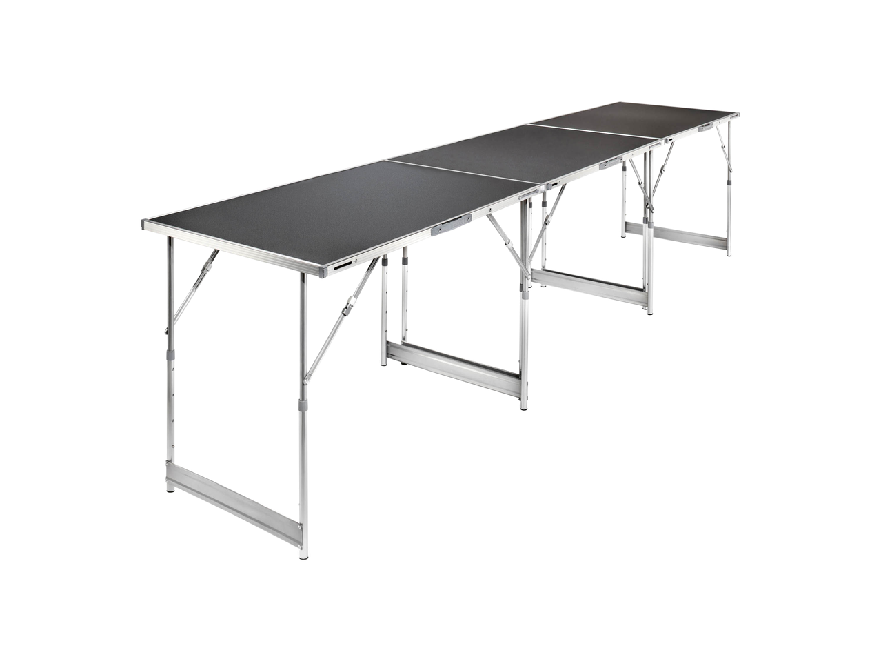 Three connected folding tables with black tops and silver aluminum frames on a black background.