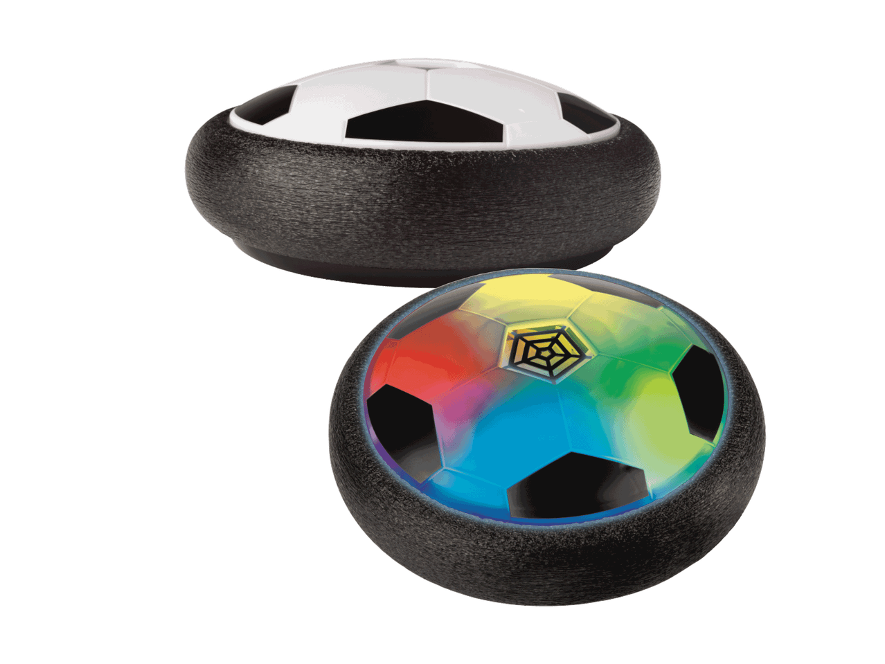 Du futbolo kamuoliai, vienas baltas ir juodas, kitas spalvotas su voratinkliu.