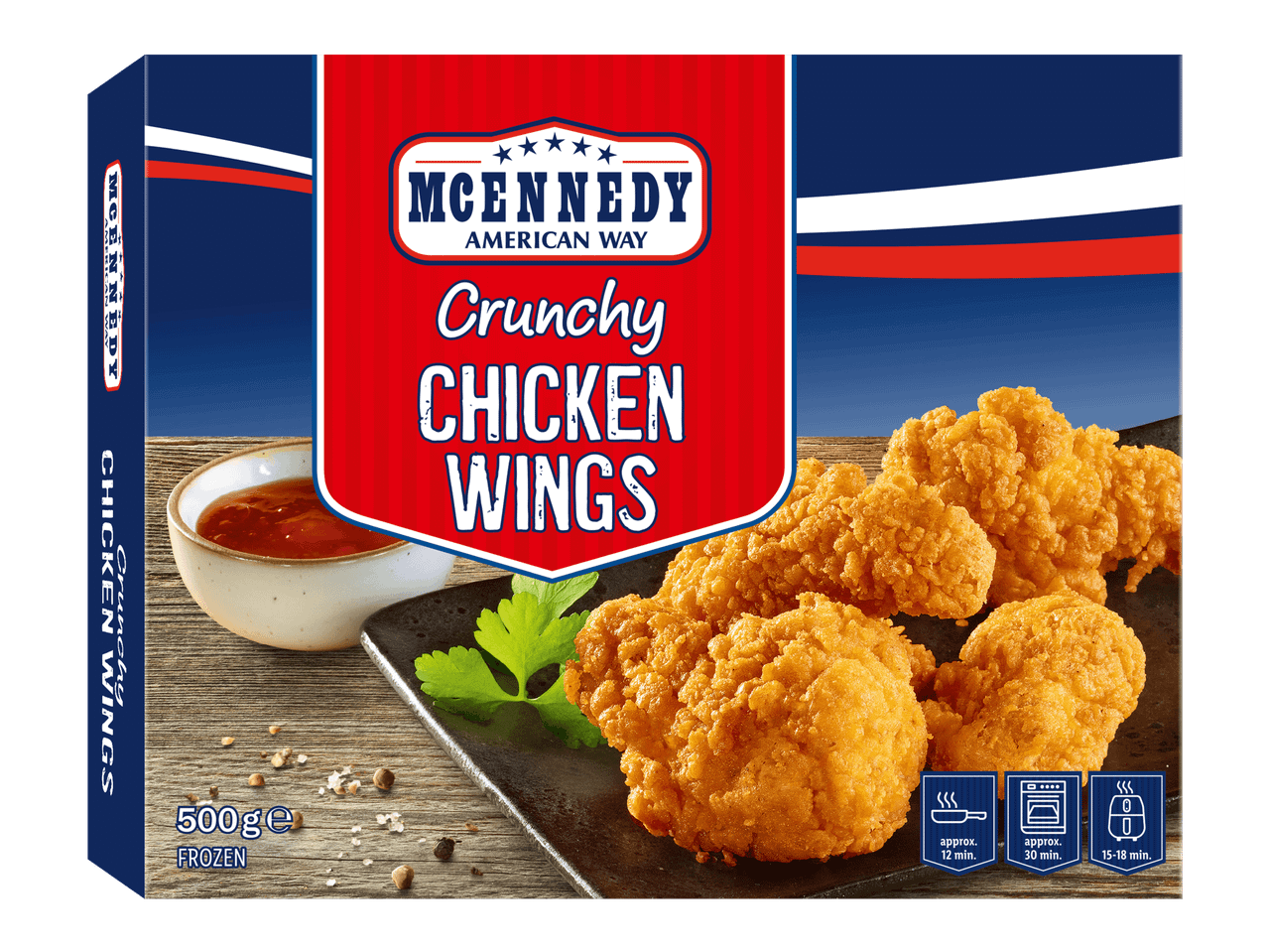 Pakkauksessa rapeita kanansiipiä, joissa on punainen ja sininen teema, ja teksti 'Crunchy Chicken Wings'.