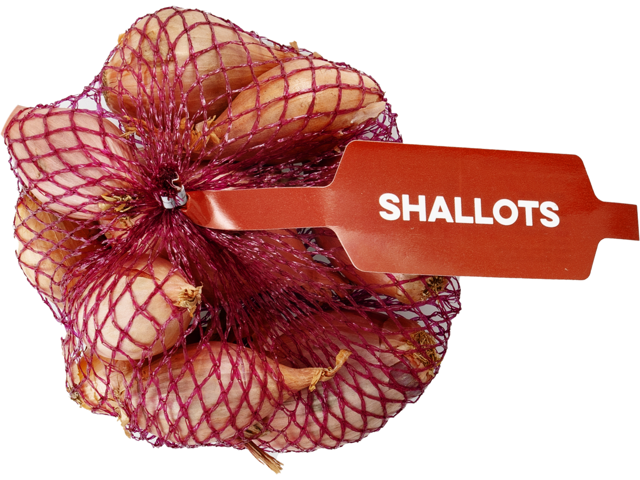 A mesh bag of shallots with a red label that reads 'SHALLOTS'.