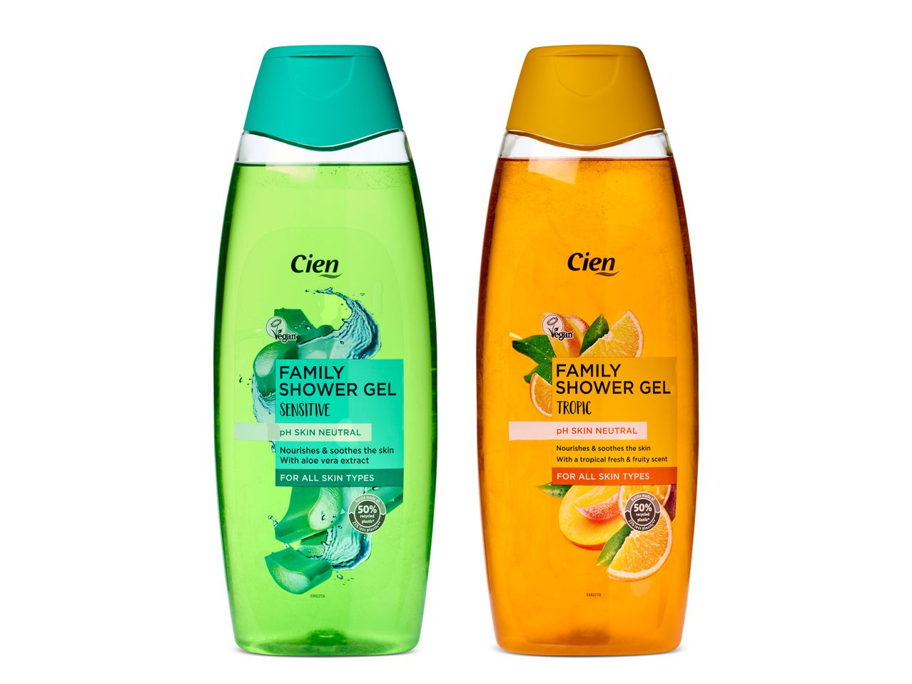 Twee Cien douchegels: Sensitive en Tropic, vegan en pH-neutraal.