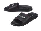 Two black Parkside slide sandals with red stitching.