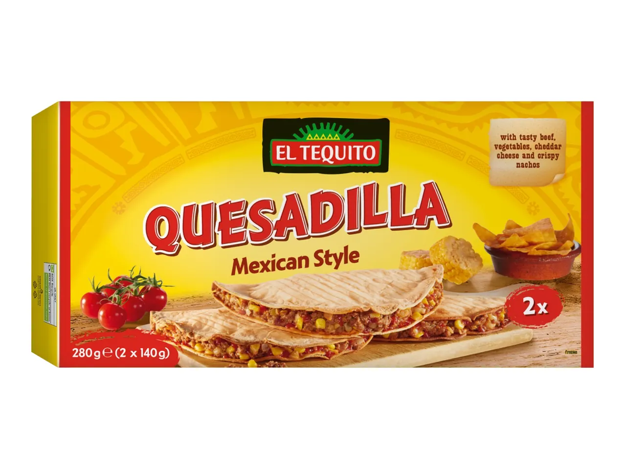 Quesadilla Mexican Style box with two quesadillas, cherry tomatoes, corn, and nachos.