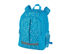 Mochila escolar azul com estampa de bolinhas.