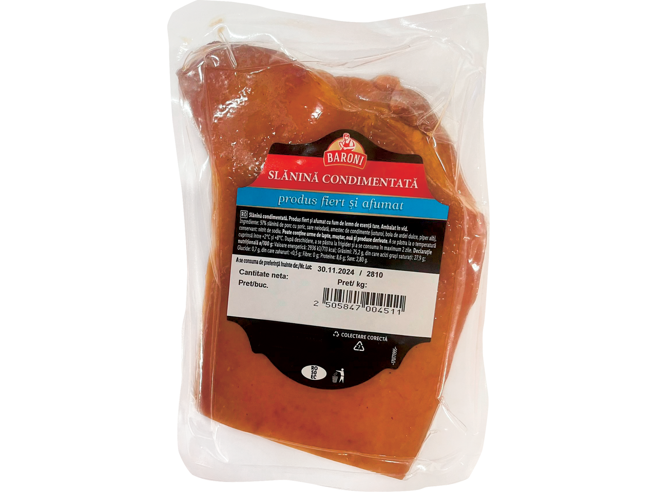 BARONI Slănină condimentată, produs fiert și afumat din carne de porc în ambalaj vidat.