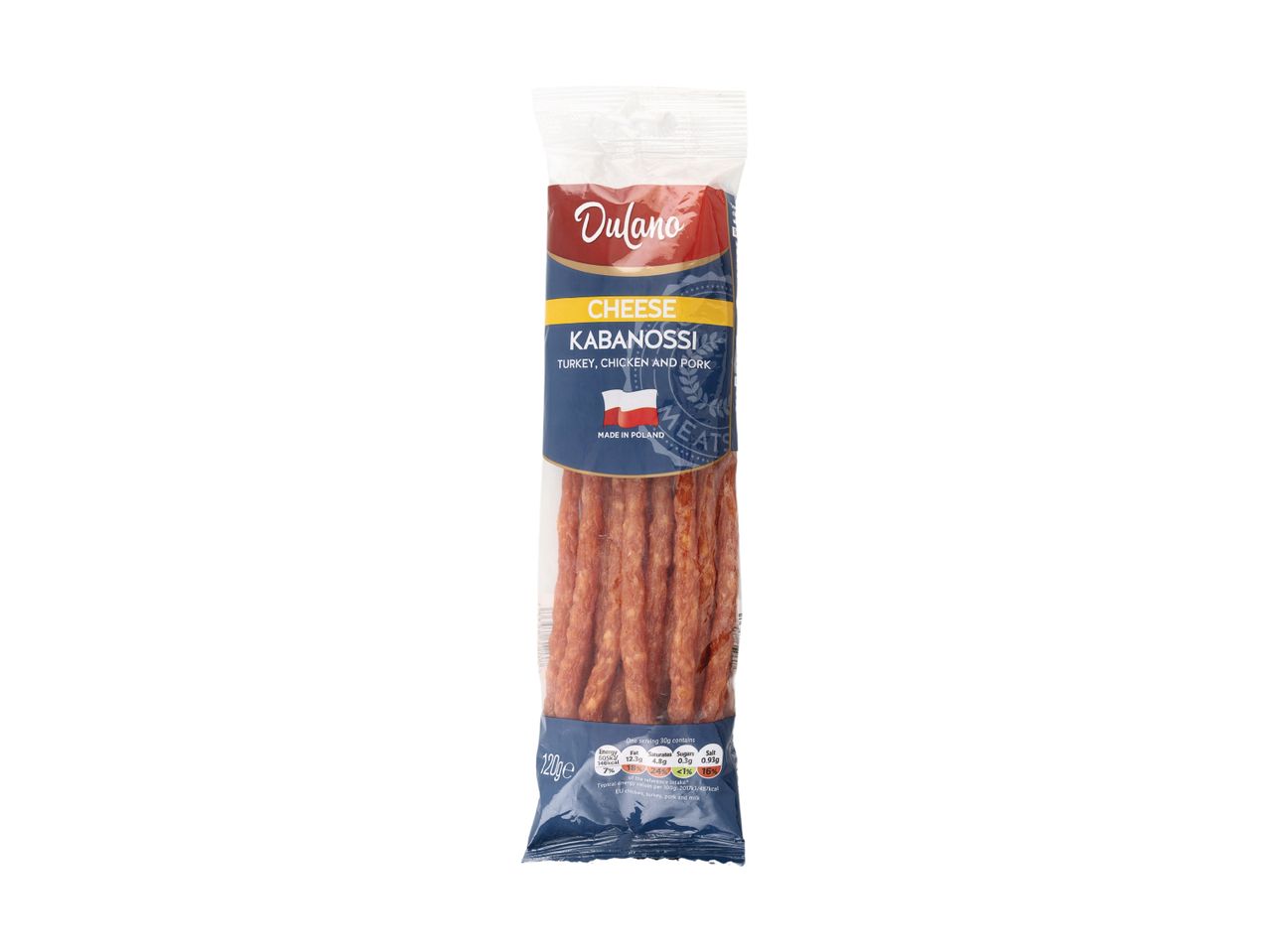 A package of long, thin, red sausages.