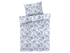 Спален комплект с флорални мотиви в синьо и бяло.