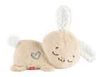 A soft, light brown plush bunny toy with a teal heart embroidery and a sweet, sleepy face.