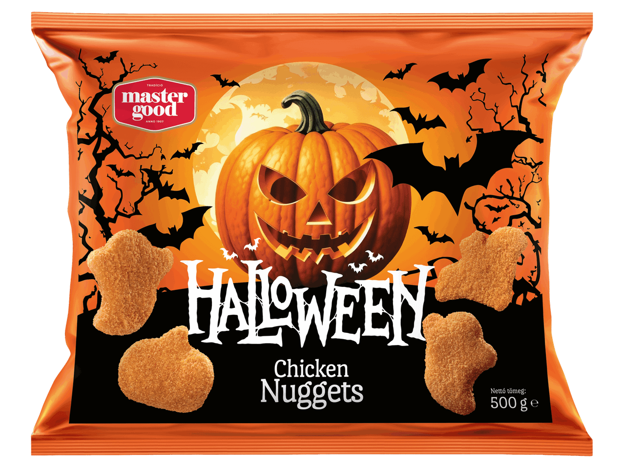 Halloween témájú csirkefalatok 500 g-os kiszerelésben, sütőtökös és denevéres grafikával.