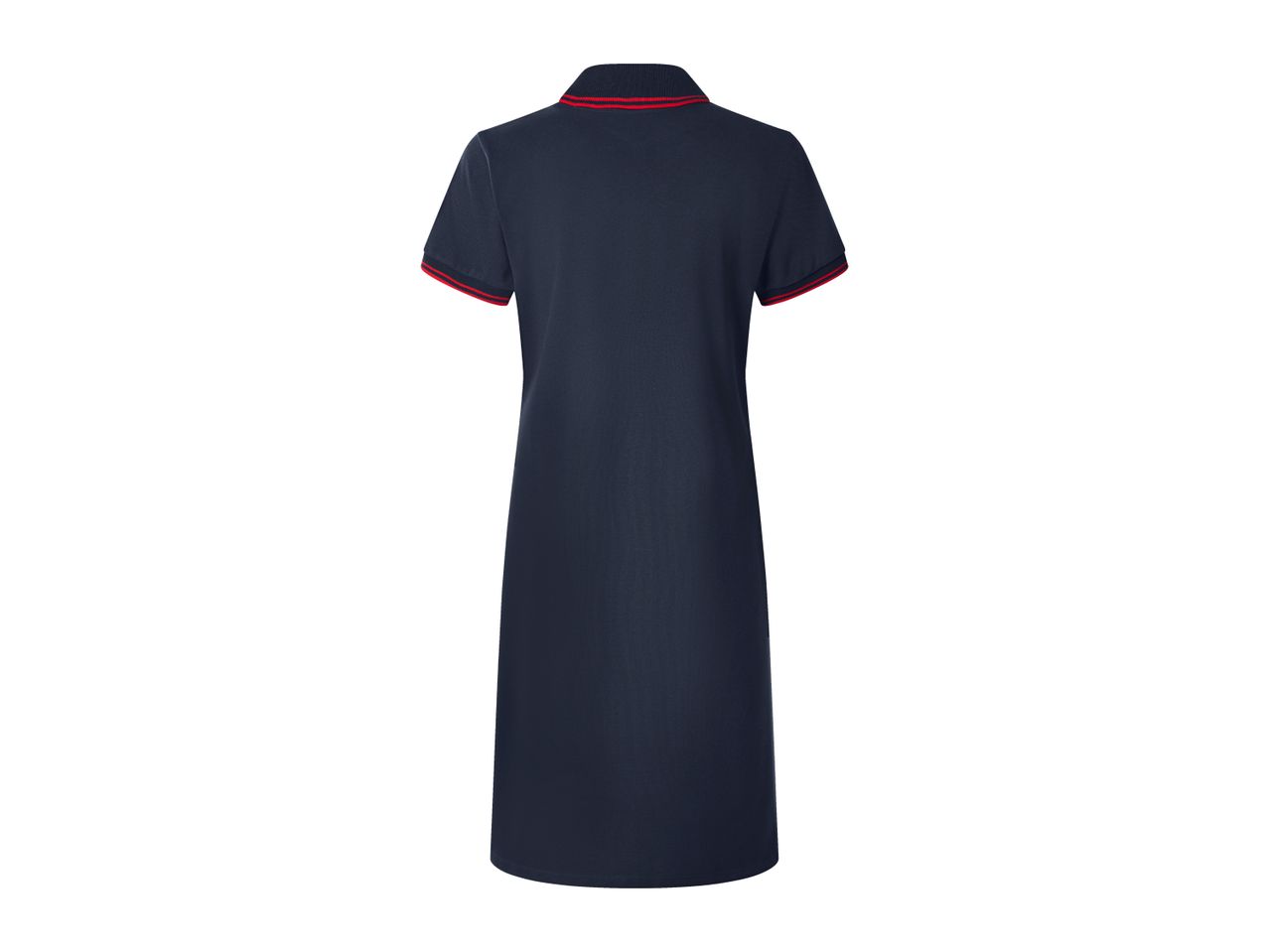 Back view of a navy blue polo dress with red and white striped collar and sleeve cuffs.