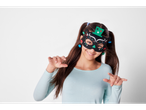 A girl wearing a black felt mask with colorful accents and a green top hat.