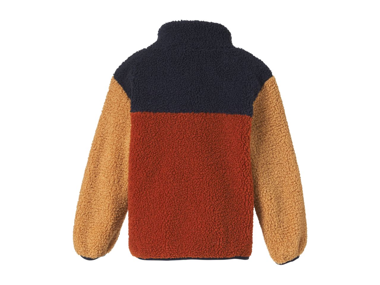 Color-block fleece jacket in navy, rust, and tan, back view.