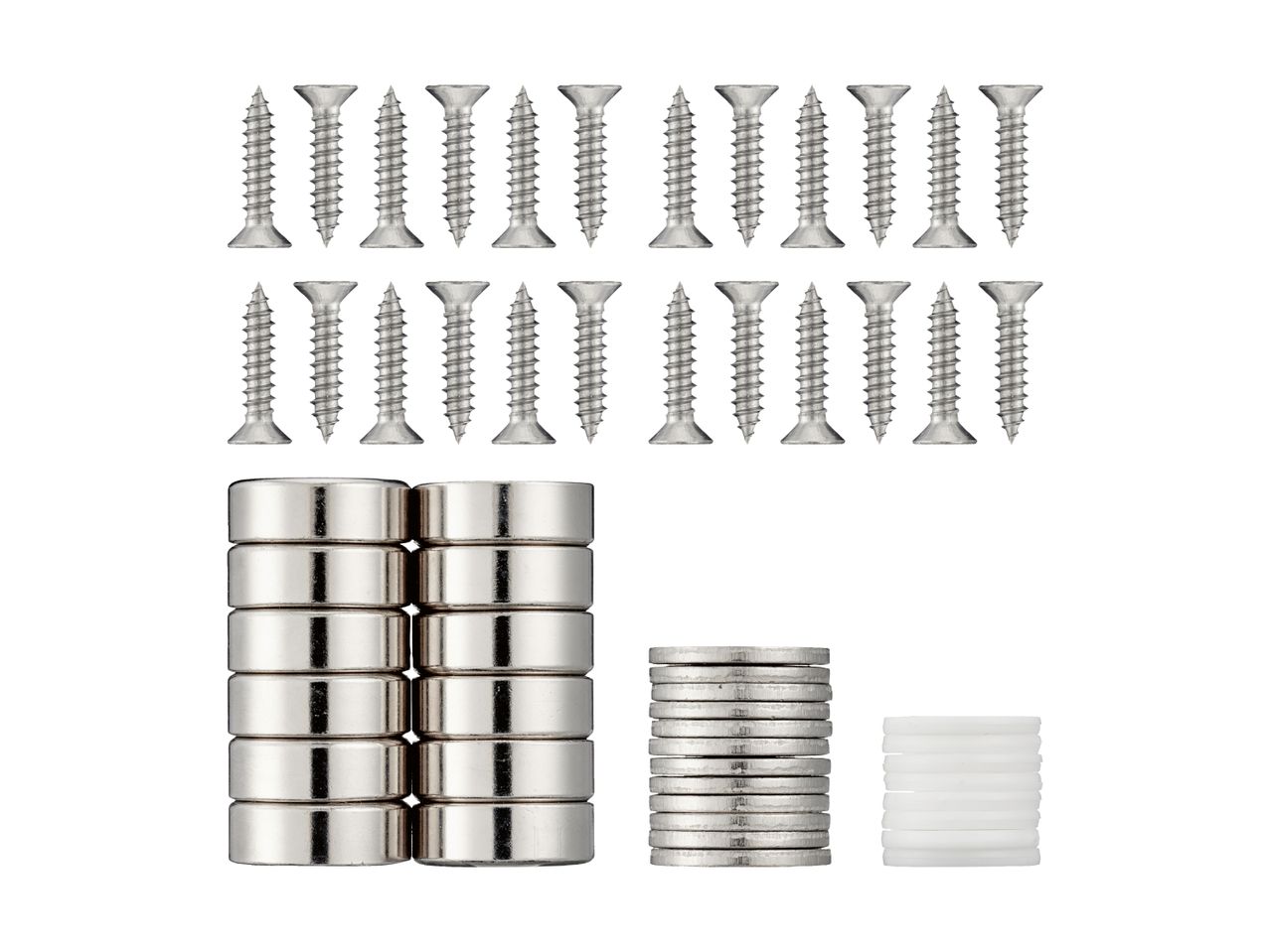 Two rows of screws, two stacks of round magnets, and one stack of white plastic discs.