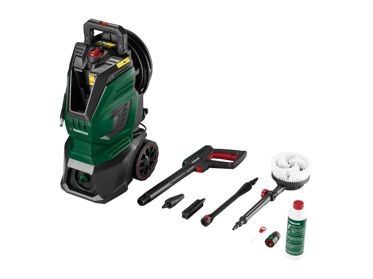Pressure washer with various attachments, including a spray gun, brushes, and cleaning solution.