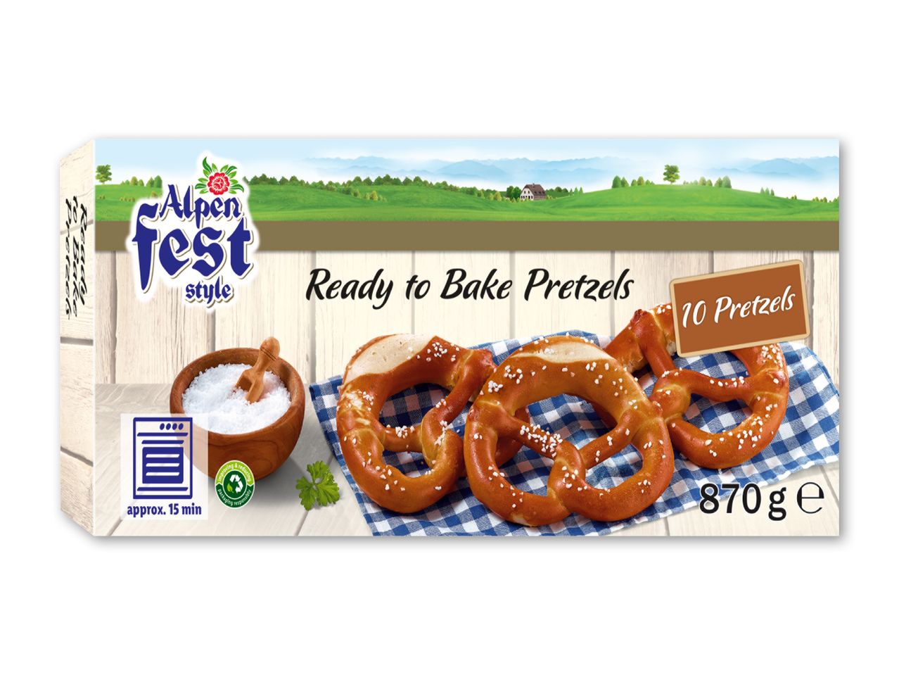 Klar til at bage pretzels med salt og et alpelandskab i baggrunden.